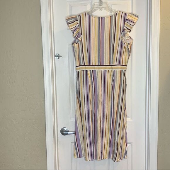 Evolutionary Linen Dress Striped Ruffle Size Large - Picture 2 of 10